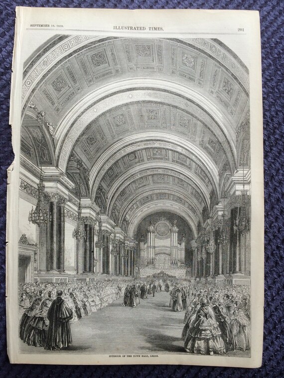 1858 Interior Of The Town Hall Leeds Original Antique Engraving Yorkshire Architecture Local Politics Victorian Decor Wall Art