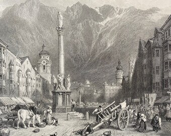 1876 Innsbruck Original Antique Engraving - Austria - Mounted and Matted - Available Framed