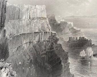 1840 Pleaskin Cliff, Giants Causeway Antrim Original Antique Engraving - Landscape Scenery - Ireland - Mounted and Matted - Available Framed