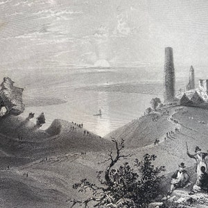 1840 Seven Churches of Clonmacnoise Original Antique Engraving - County Offaly - Ireland - Mounted and Matted - Available Framed