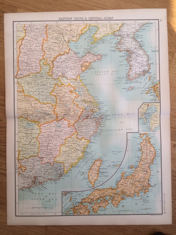 1898年 中国東部と日本中部の大型オリジナルアンティーク地図、14 x