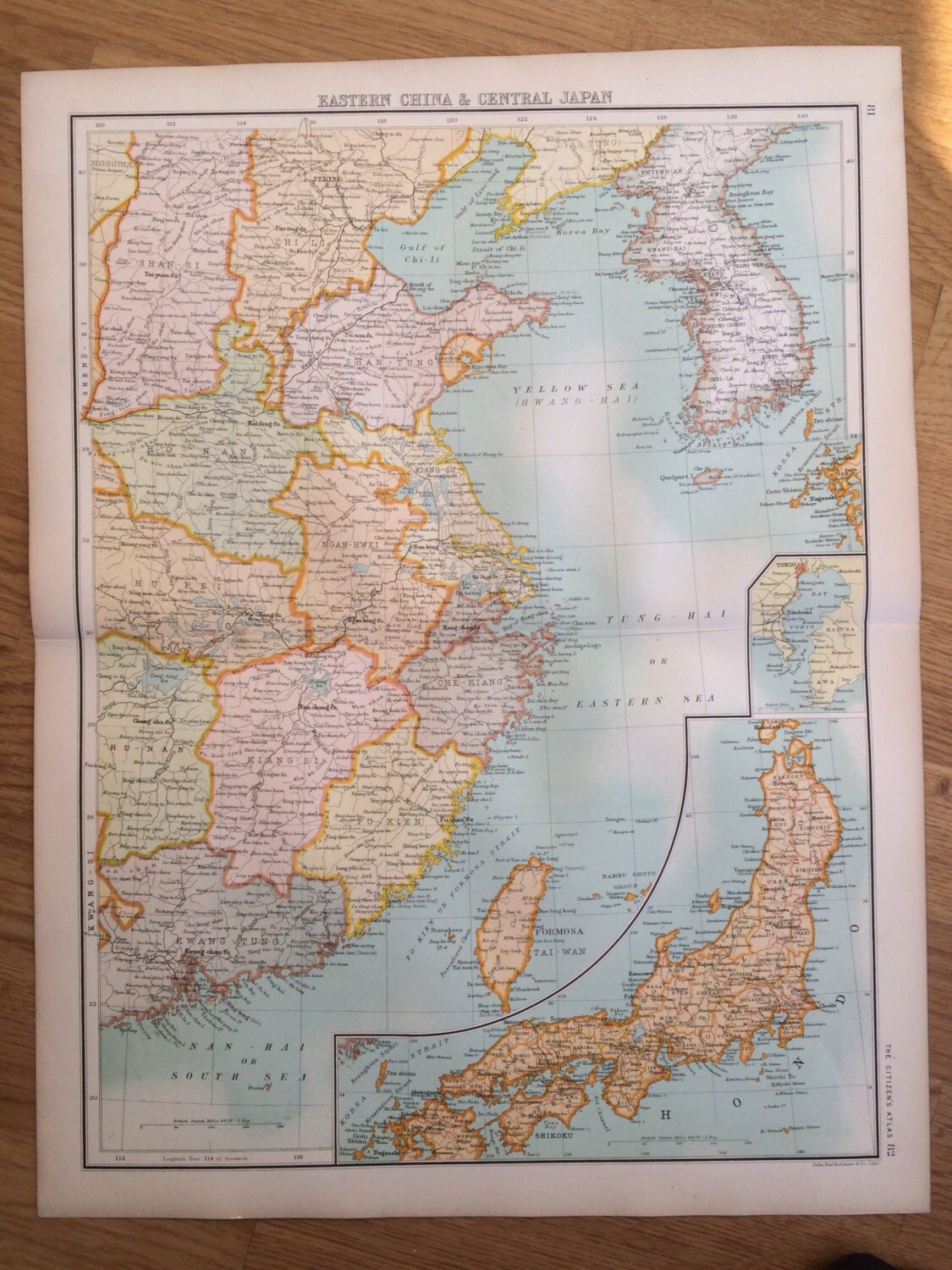 1898 EASTERN CHINA & Central Japan Large Original Antique Map, 14 x 18. ...