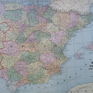 1901 スペイン & ポルトガル オリジナル大型アンティーク地図、22.5 x 14.5 インチ、ホームデコレーション、地図作成、地理、ヴィンテージデコレーション