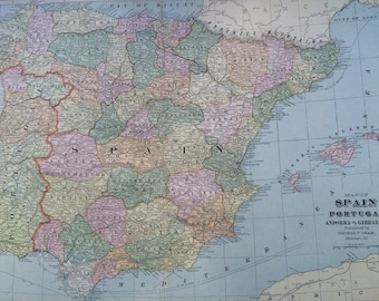 1901 SPAIN & PORTUGAL Large Original Antique Map, 22.5 x 14.5 inches, Home Decor, Cartography, Geography, Vintage Decor