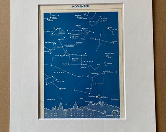 1940s November Star Map - Stars over Greenwich, London Original Vintage Print - Constellations - Mounted and Matted - Available Framed
