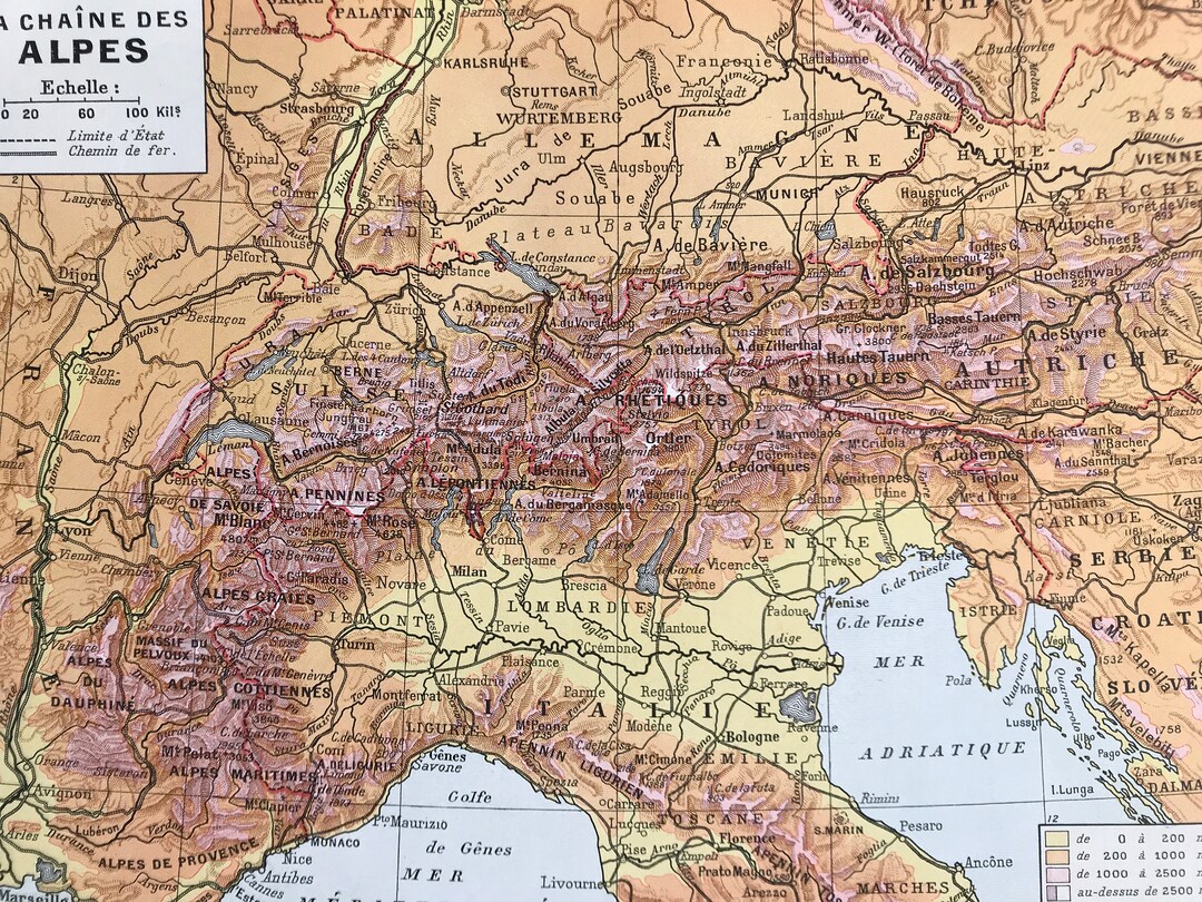 1928 the Chain of the Alps Original Antique Map Mountain Range Mounted