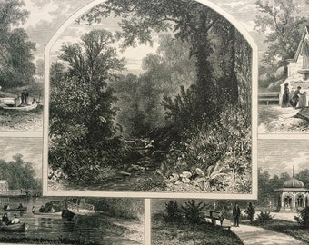 1874 Druid Hill Park, Baltimore Original Antique Wood Engraving - Mounted and Matted - Maryland - Landscape - United States