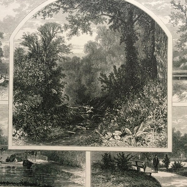 1874 Druid Hill Park, Baltimore Original Antique Wood Engraving - Mounted and Matted - Maryland - Landscape - United States