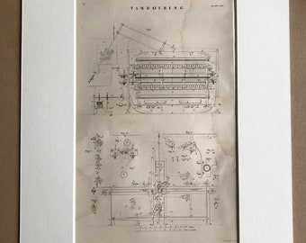 1858 Tambouring Original Antique Engraving - Victorian Technology - Machine Diagram - Embroidery - Available Framed