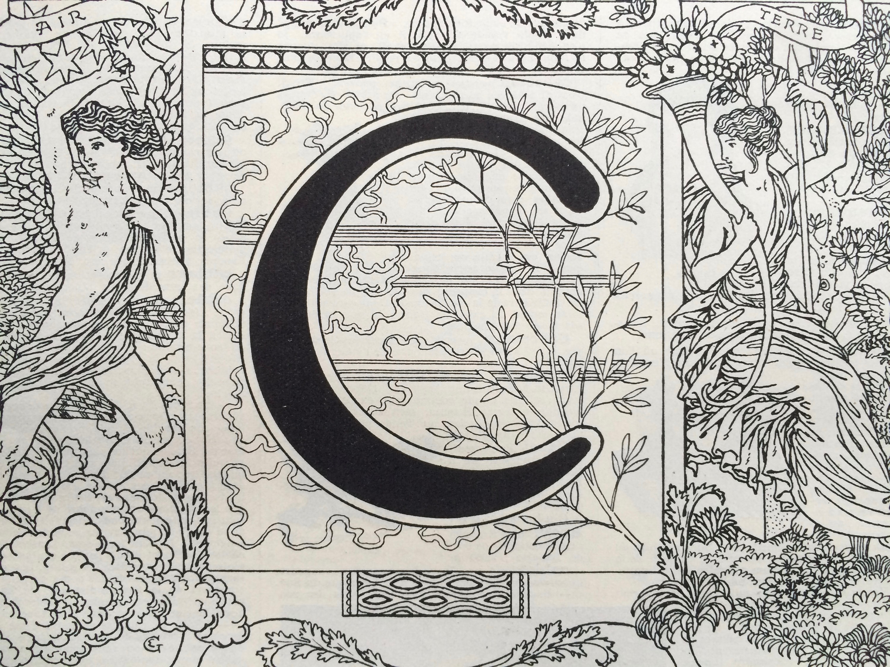 1923 Letter C Art Nouveau Original Antique Print Mounted And Matted