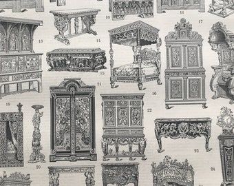 1897 Furniture Styles Original Antique Print - Wardrobe - Table - Bed - Chair - Chaise Lounge - Mounted and Matted - Available Framed