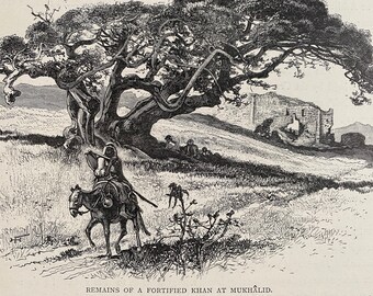 1880 Remains of a Fortified Khan at Mukhalid Original Antique Print - Palestine - Mounted and Matted - Available Framed