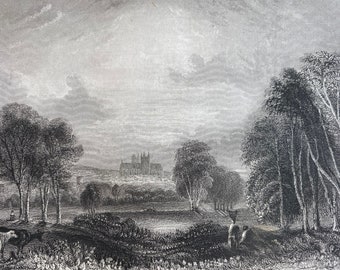 1838 Exeter Cathedral - South West View Original Antique Engraving - Devon - Architecture - Mounted and Matted - Available Framed