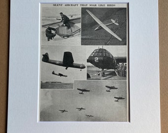 1940s Silent Aircraft that soar like Birds Original Vintage Print - Glider - Mounted and Matted - Available Framed