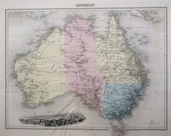 1892 Australia Original Antique Map with inset engraving of Sydney, Nouvel Atlas Illustre, French atlas map, Geography, Cartography