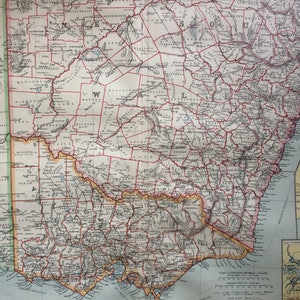 Mapa antiguo original de gran tamaño del sudeste de Australia de 1903, 15,5 x 20,5 pulgadas, mapa de Harmsworth
