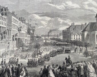 1864 The War in Denmark - Public Funeral at Copenhagen of Officers and Soldiers killed at Duppel Original Antique Print - Available Framed