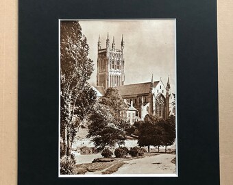 1940s Worcester Cathedral Sepia Photo Original Vintage Print - Mounted and Matted - Architecture - Religion - Available Framed