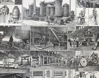 1923 Iron Factory Original Antique Print - Mounted and Matted - Decorative Art - Wall Decor - Machinery - Available Framed