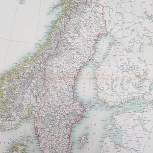 Suède, Norvège et Danemark, 1898, très grande carte ancienne originale en noir A et C noire - Scandinavie - Décoration murale - Idée cadeau