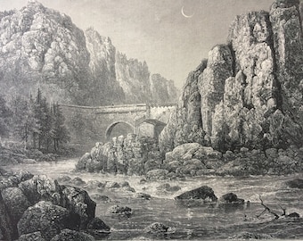 1876 Gorge at Thiers Original Antique Wood Engraving - Mounted and Matted - France - Landscape - Decorative Art - Available Framed