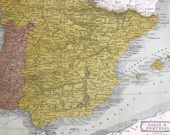 1863 Spain & Portugal Original Antique Map - Iberian Peninsula - Vintage Wall Map - Available Framed