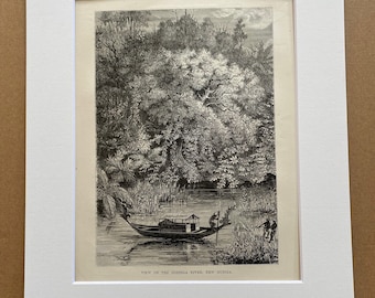 1880 View on the Dodinga River, New Guinea Original Antique Print - Papua New Guinea - Mounted and Matted - Available Framed
