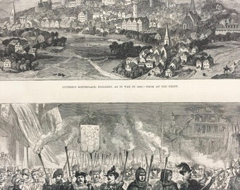 1883 The Luther Celebration in Germany Original Antique Engraving - Victorian Decor - Lutheran - Eisleben - Germany - Unique Wall Decor