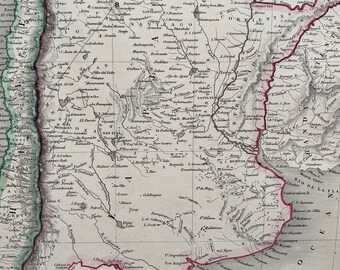 1853 Chile and La Plata Original Antique Map with diagram of highest mountains and Volcanoes - Argentina - Hand-Coloured Engraved Map