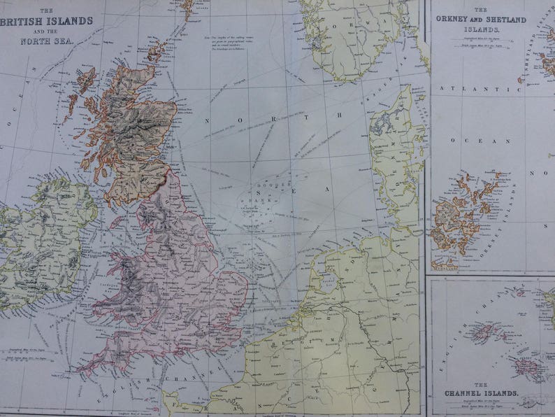 1882 the British Islands and the North Sea Large Original Antique Map ...