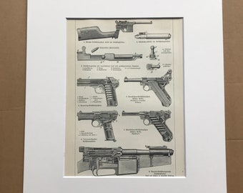 1924 Hand Firearms Original Antique Print - Weapon - Handgun - Pistol - Gun - Military Decor - Mounted and Matted - Available Framed