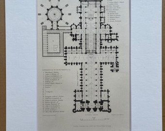 1838 Lincoln Cathedral - Floor Plan Original Antique Engraving - Architecture - Mounted and Matted - Available Framed