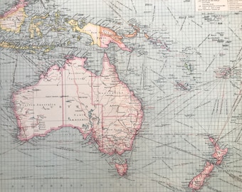 1903 Australasia: Industries and Communications Large Original Antique Map, 15.5 x 20.5 inches, Harmsworth map