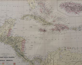 1882 The West India Islands and Central America Large Original Antique Map, 15 x 22 inches, Home Decor, Cartography, Geography, West Indies
