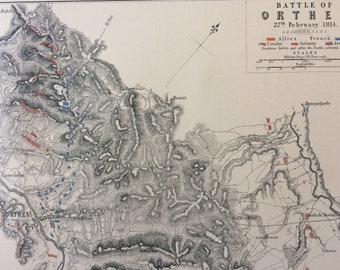 1875 Battle of Orthez Original Antique Matted Map - Military History - Warfare - Peninsular War - Military Decor - European History