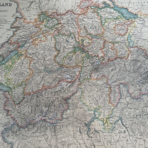 1907 SCHWEIZ original antike Landkarte, Kartographie, historische Karte, Wanddekor, Wohndekor, W & A. K Johnston Atlas
