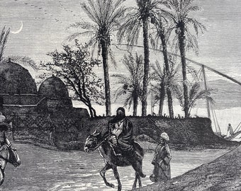 1880 The Nile, from Luxor Original Antique Engraving - Egypt - Mounted and Matted - Available Framed