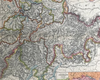 1903 Eastern Switzerland & the Engadin Original Antique Map showing Railways, Roads, Canals - Inset Tourist Map of Switzerland