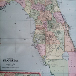 1901 FLORIDE grande carte ancienne originale, 60 x 35 cm, décoration d'intérieur, cartographie, géographie, décoration vintage, carte de l'État des États-Unis