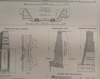 1875 Harbours Original Antique Matted Engraving - Londonderry Graving Dock, Plantation Quay Glasgow, etc - Matted & Available Framed