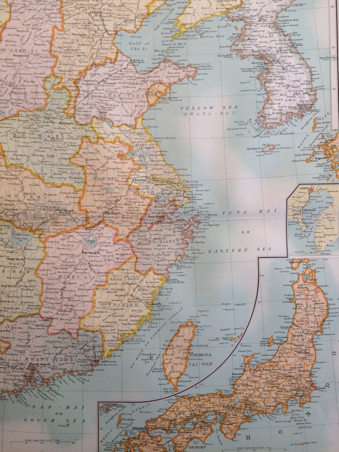 1898年 中国東部と日本中部の大型オリジナルアンティーク地図、14 x