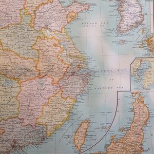 1898 EASTERN CHINA & Central Japan Große Original antike Karte, 14 x 18,5 Zoll, historische Wanddekoration, Bartholomäus Karte, Wohndekor