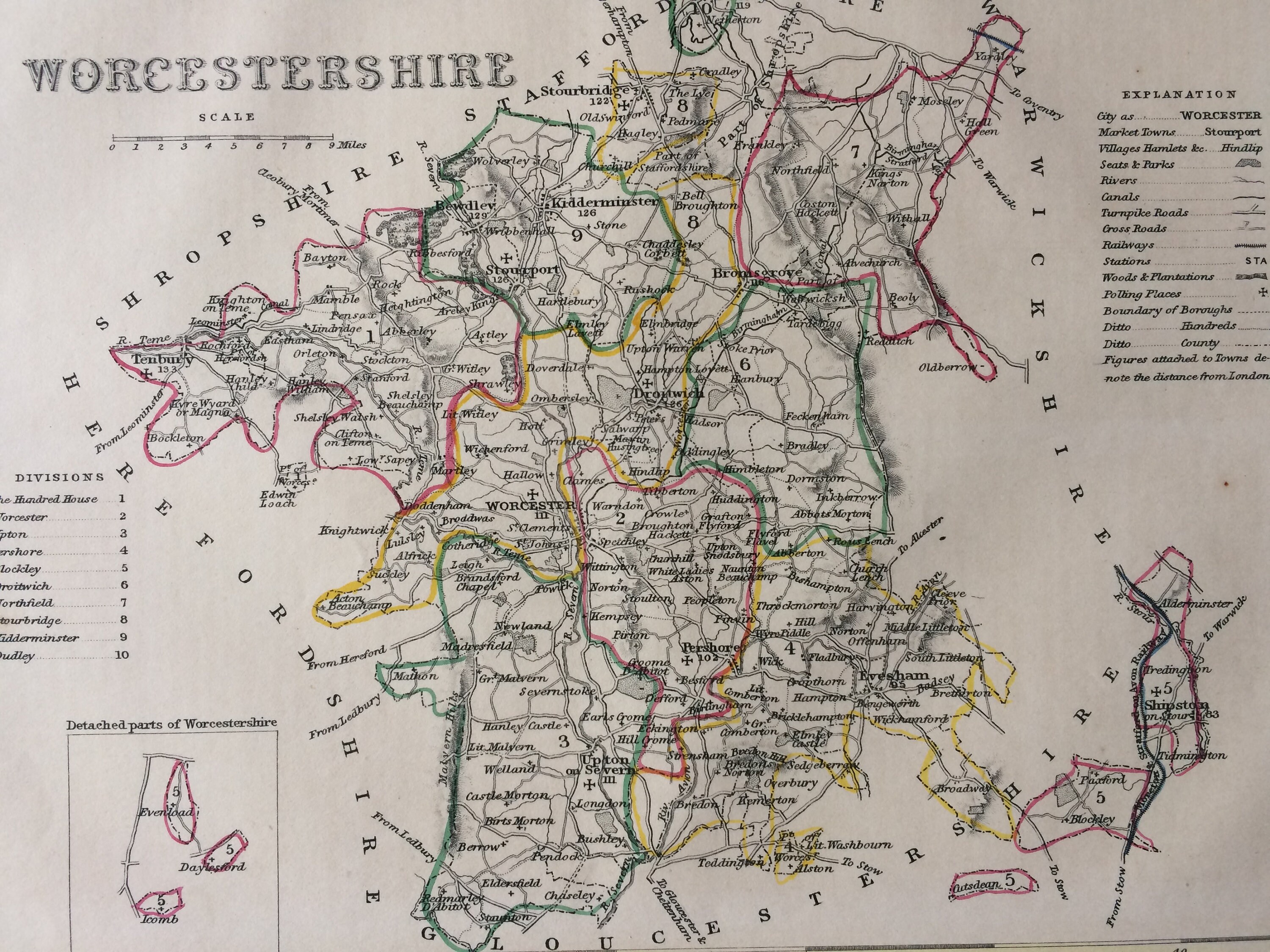 1848 Worcestershire Original Antique HandColoured Engraved Map UK