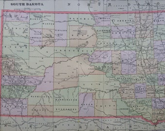 1901 SOUTH DAKOTA Large Original Antique Map, 22.5 x 14.5 inches, Home Decor, Cartography, Geography, Vintage Decor, US State Map