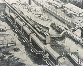 1940s Panama Canal Diagram showing how the locks work Original Vintage Photo Print - Mounted and Matted - Available Framed