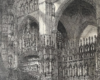 1864 'The Chapel of the High Altar in the Cathedral of Toledo' by S. Read Original Antique Engraving - Available Framed