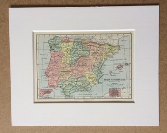 1895 Spain & Portugal Original Antique World Map - Mounted and Matted - 8 x 10 inches - Framed Map - Gift Idea - Framed Vintage Art