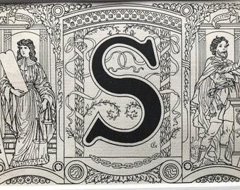 1923 Letter S Art Nouveau Original Antique Print - Mounted and Matted - Decorative Art - Wall Decor - Gift Idea - Name Day Present