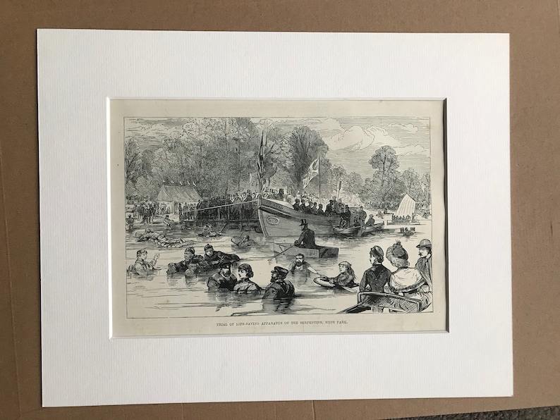 Life Vest Mounted and Matted 1883 Trial of Life-Saving Apparatus on the Serpentine Available Framed Hyde Park Original Antique Print