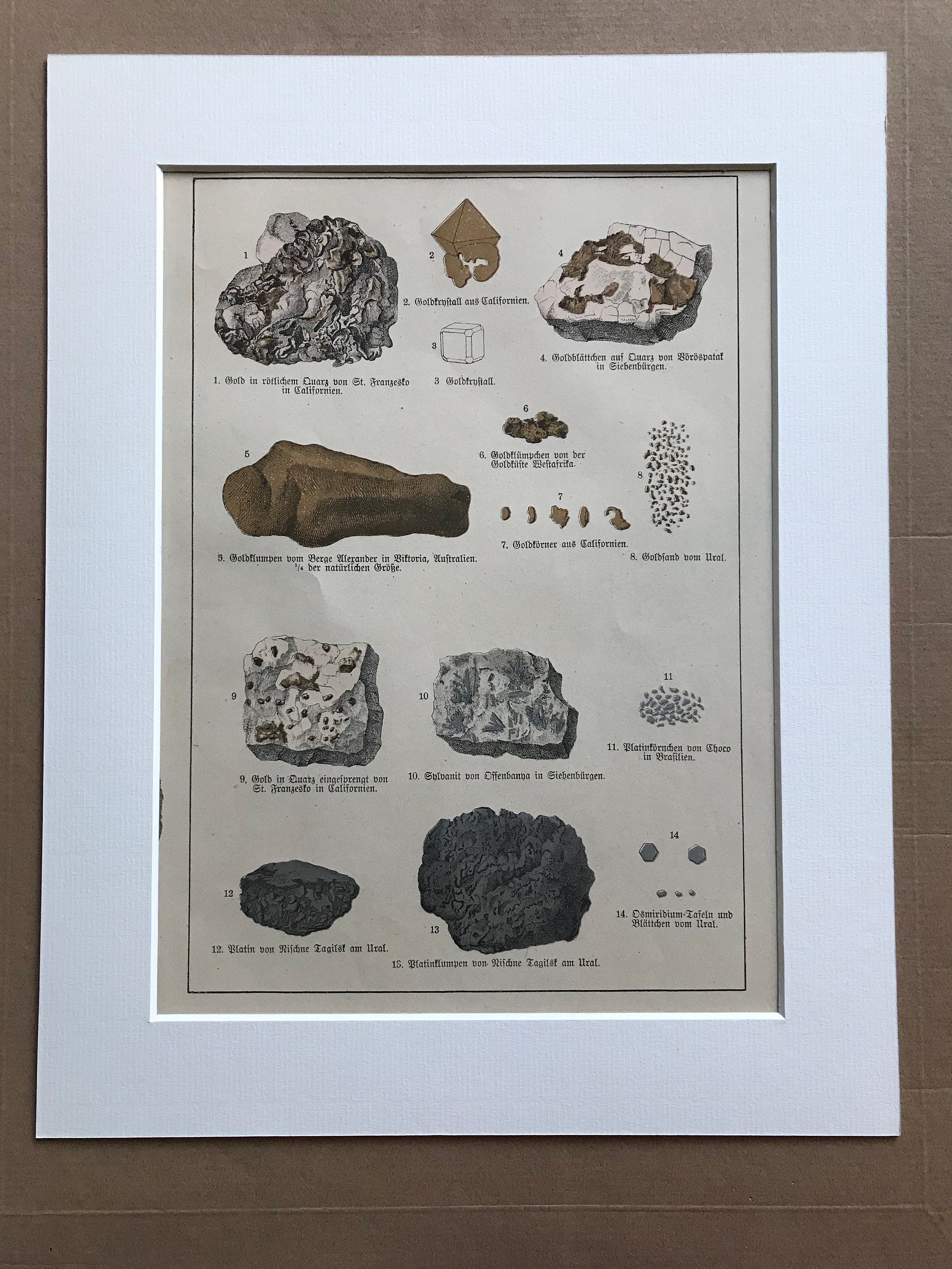 1895 Large Original Antique Mineral Lithograph - Rocks - Gold - Crystals -  Geology - Crystallography - Mineralogy - Available Framed